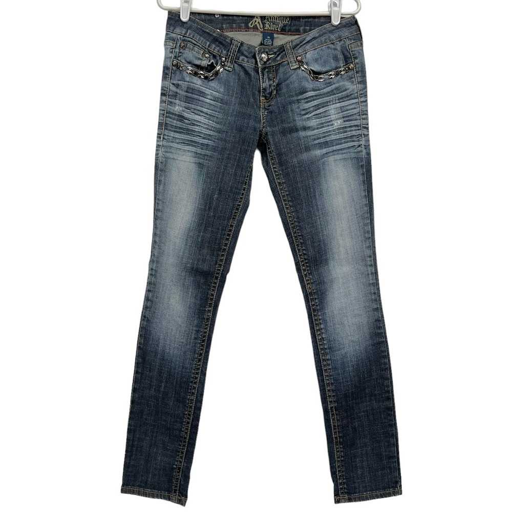 Antique River Women Studded Low Rise Mid Wash Blue Skinny Jeans Size 28  (30x32)